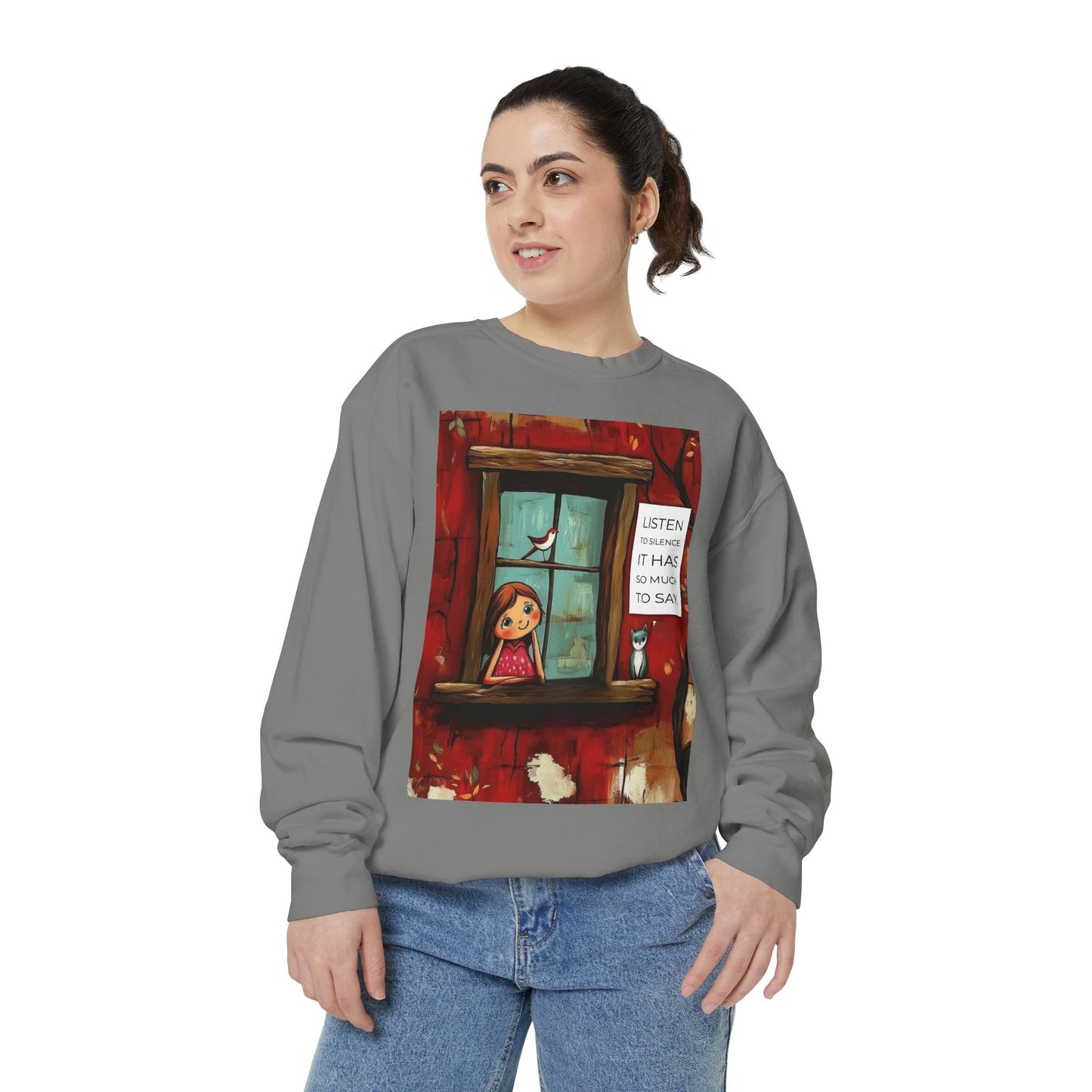 Cozy Window Scene Sweatshirt  "Listen, It Has So Much to Say" Graphic