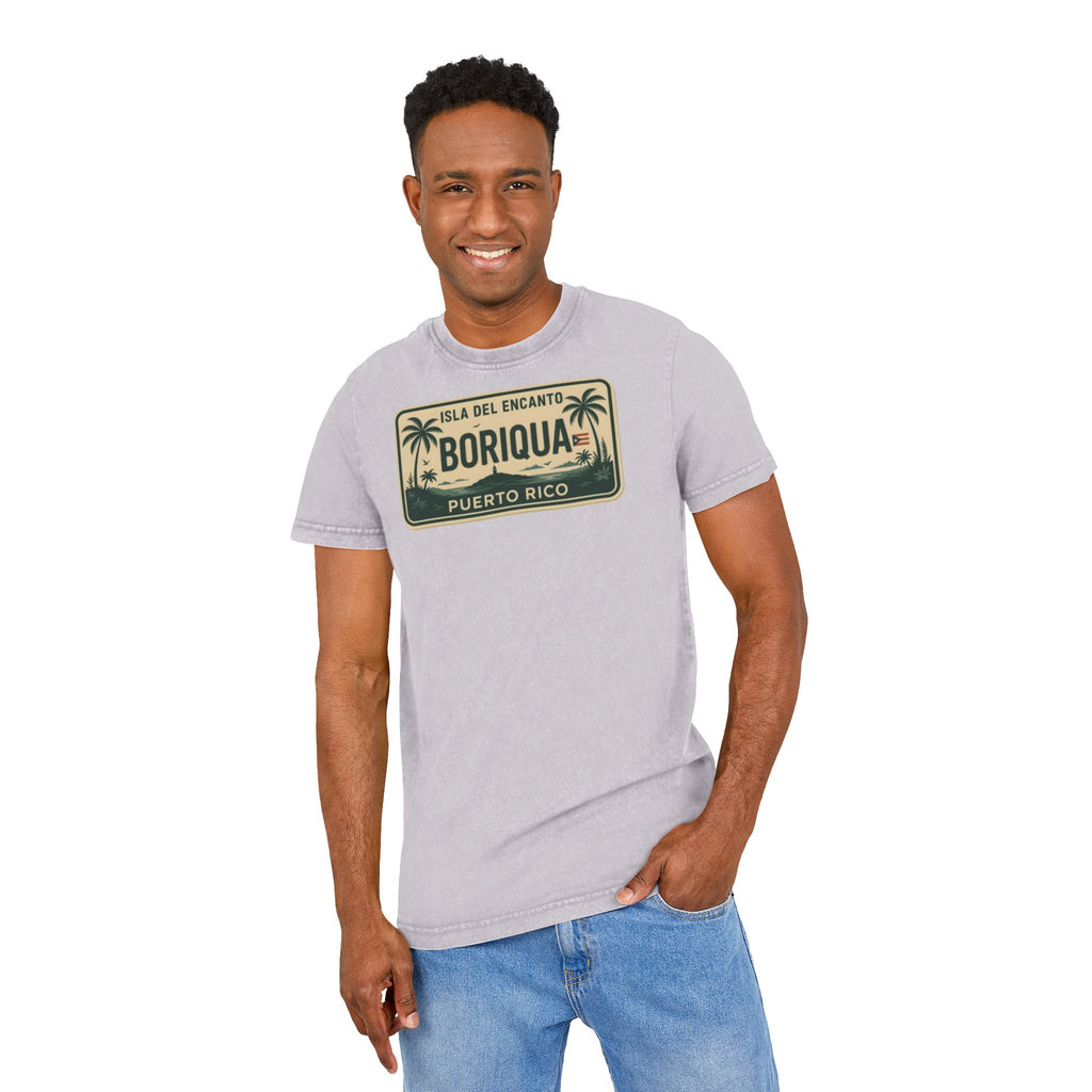 Boriqua Puerto Rico Vintage Acid-Wash Tee  Isla del Encanto License Plate Design