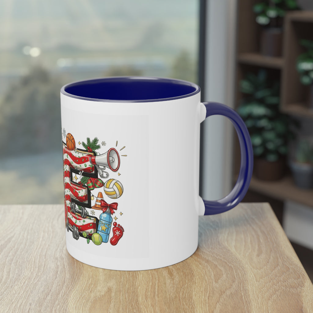 Holiday Sports Mom Coffee Mug Festive 'PE' Candy-Stripe Design, 11oz Two-Tone School Staff Christmas Mug Collection,