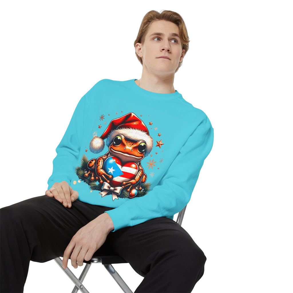 Christmas Coqui Sweatshirt — Cute Santa Frog Holding Ornament Holiday Sweater