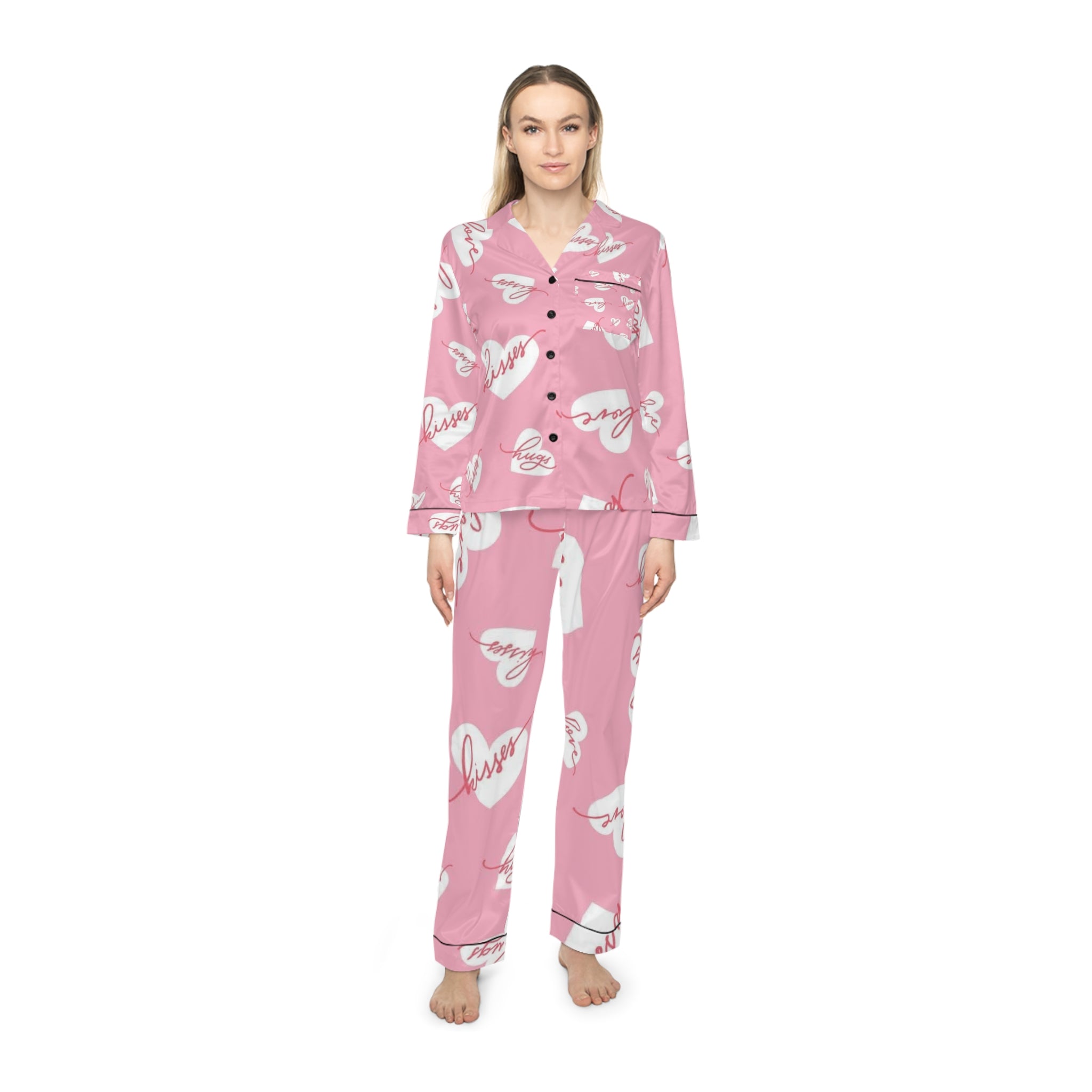 Pink Satin Pajama Set — Heart & 'Love' All-Over Print