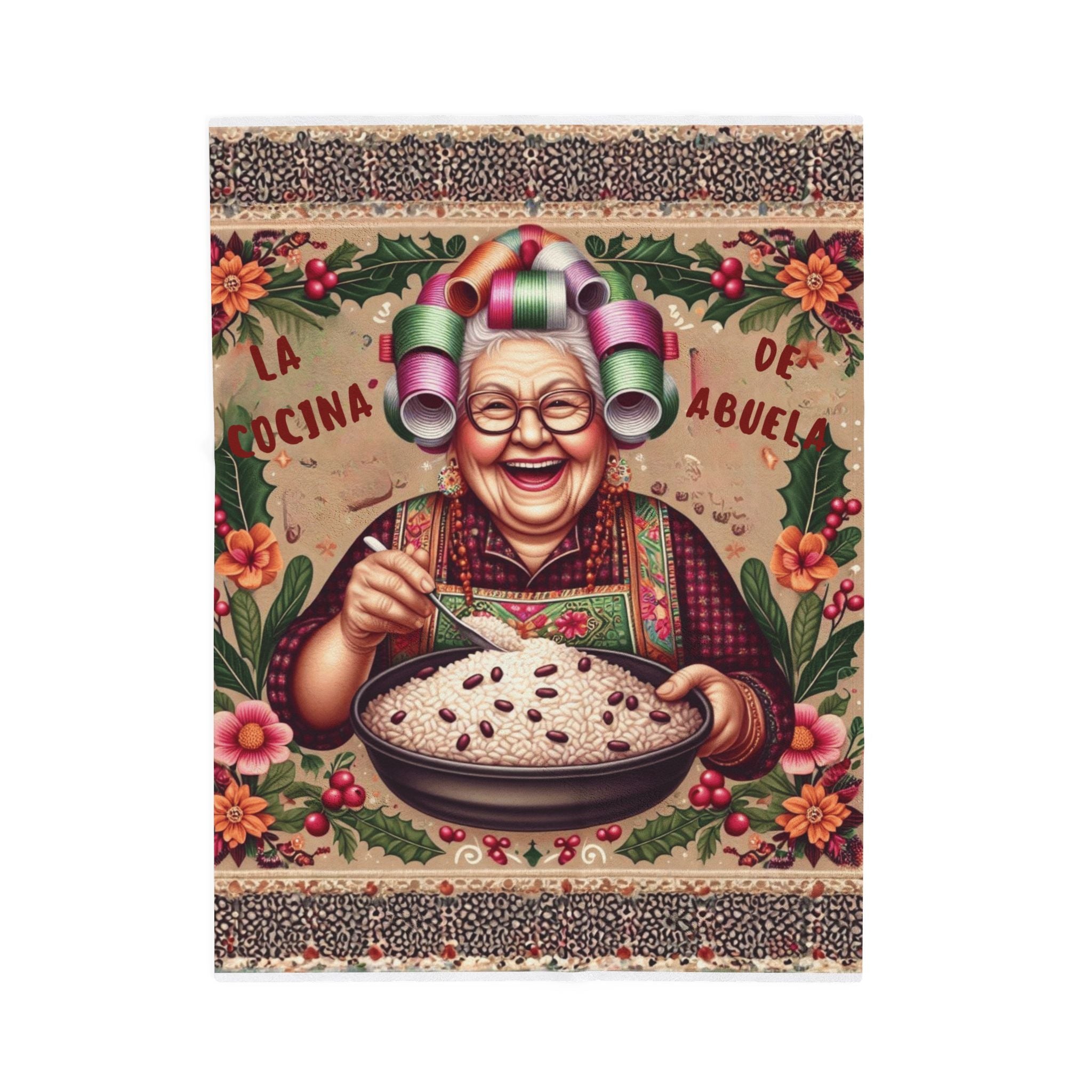 Grandma’s Cocina Velveteen Plush Blanket —Abuela Cooking Illustration Throw