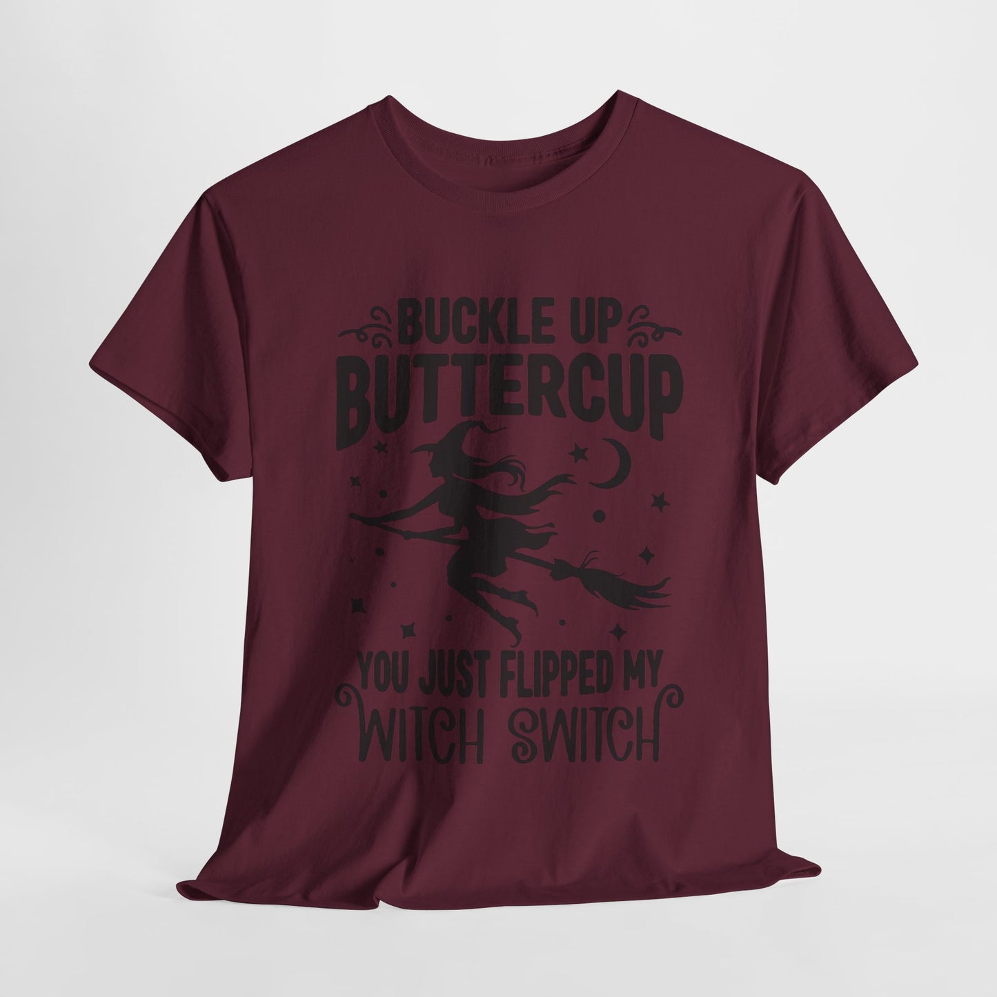 Witchy Humor Tee - Buckle Up Buttercup, Unisex Heavy Cotton Tee, Halloween Shirt, Casual Wear, Gift for Her, Funny T-Shirt