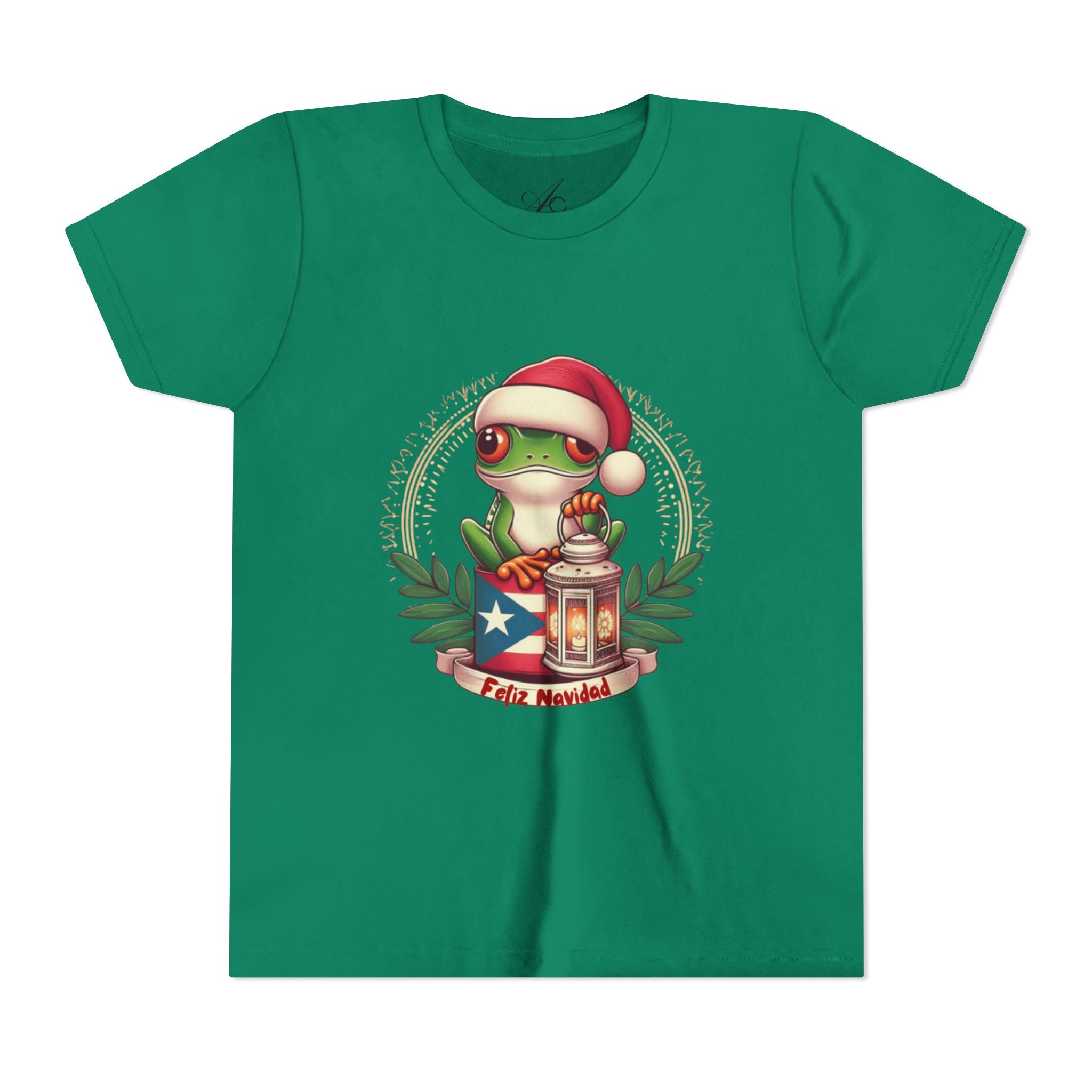 Kids Tee Cute Frog with Puerto Rican Flag & Lantern (Feliz Navidad)