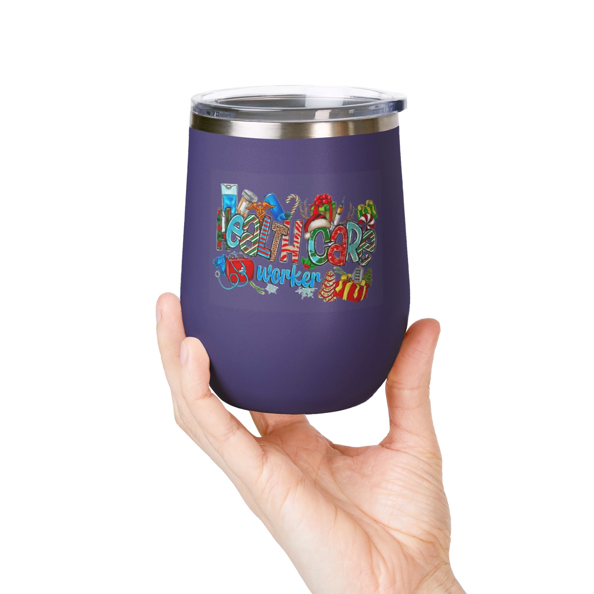 Healthcare Worker 12oz Wine Tumbler — Colorful Holiday Medical Staff Gift Medical Christmas Mug