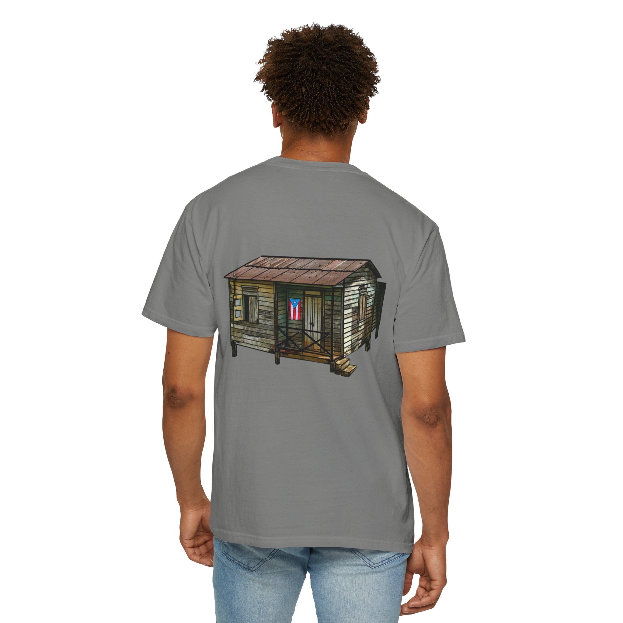 Puerto Rican Batey Cabin T-Shirt  Three Masks & Rustic House Graphic Tee Puerto Rico Navidades