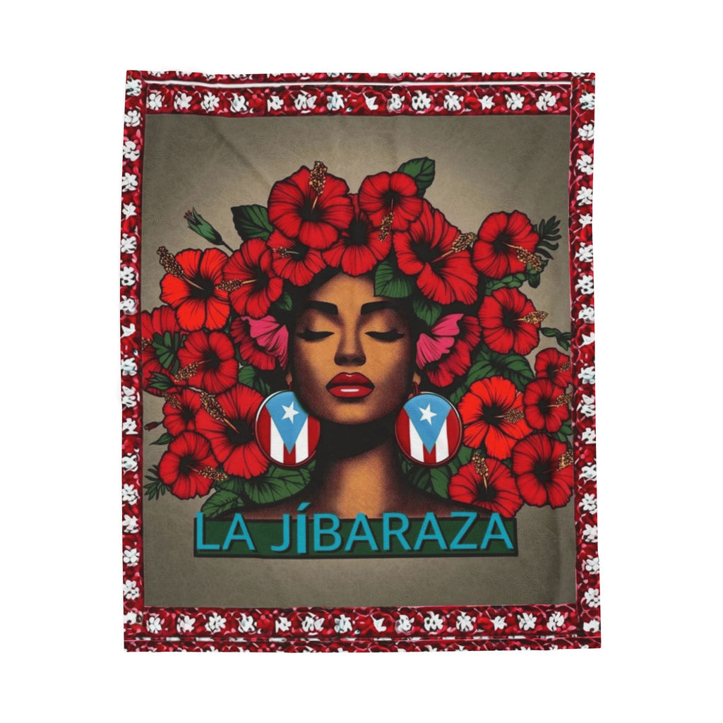La Jíbaraza Velveteen Plush Blanket  Puerto Rican Floral Afro-Latina Portrait Throw