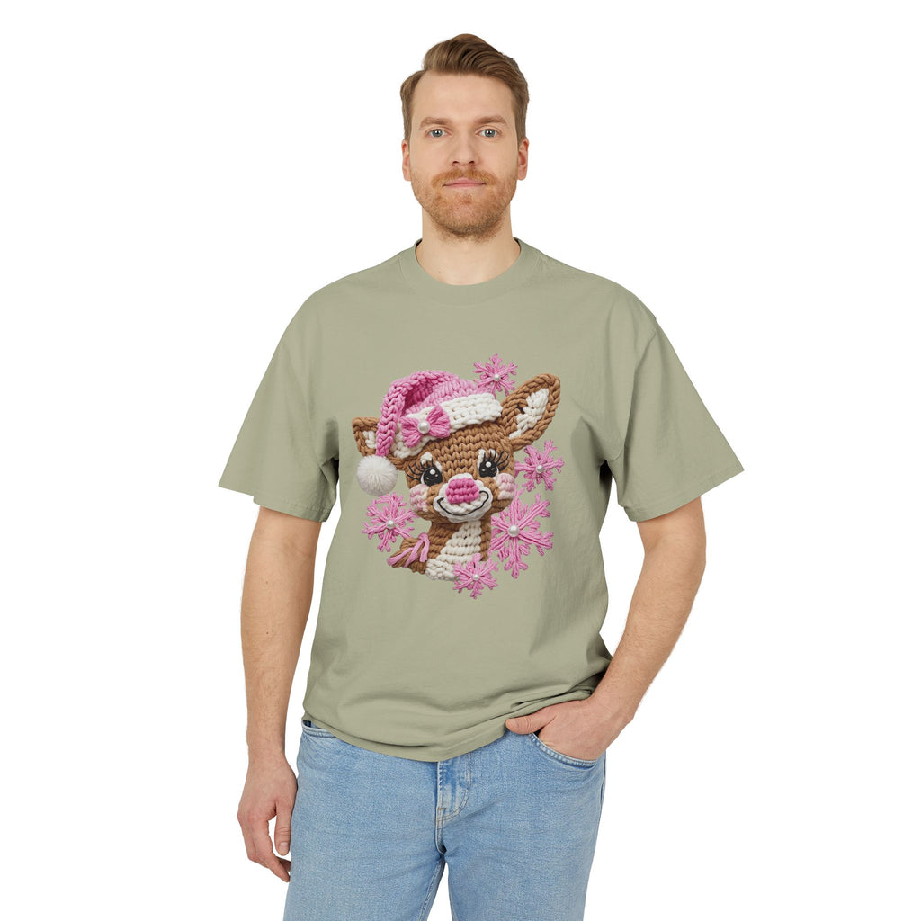 Cute Reindeer Tee — Pink Santa Hat & Snowflakes Holiday T-Shirt  cartoon-style Christmas artwork
