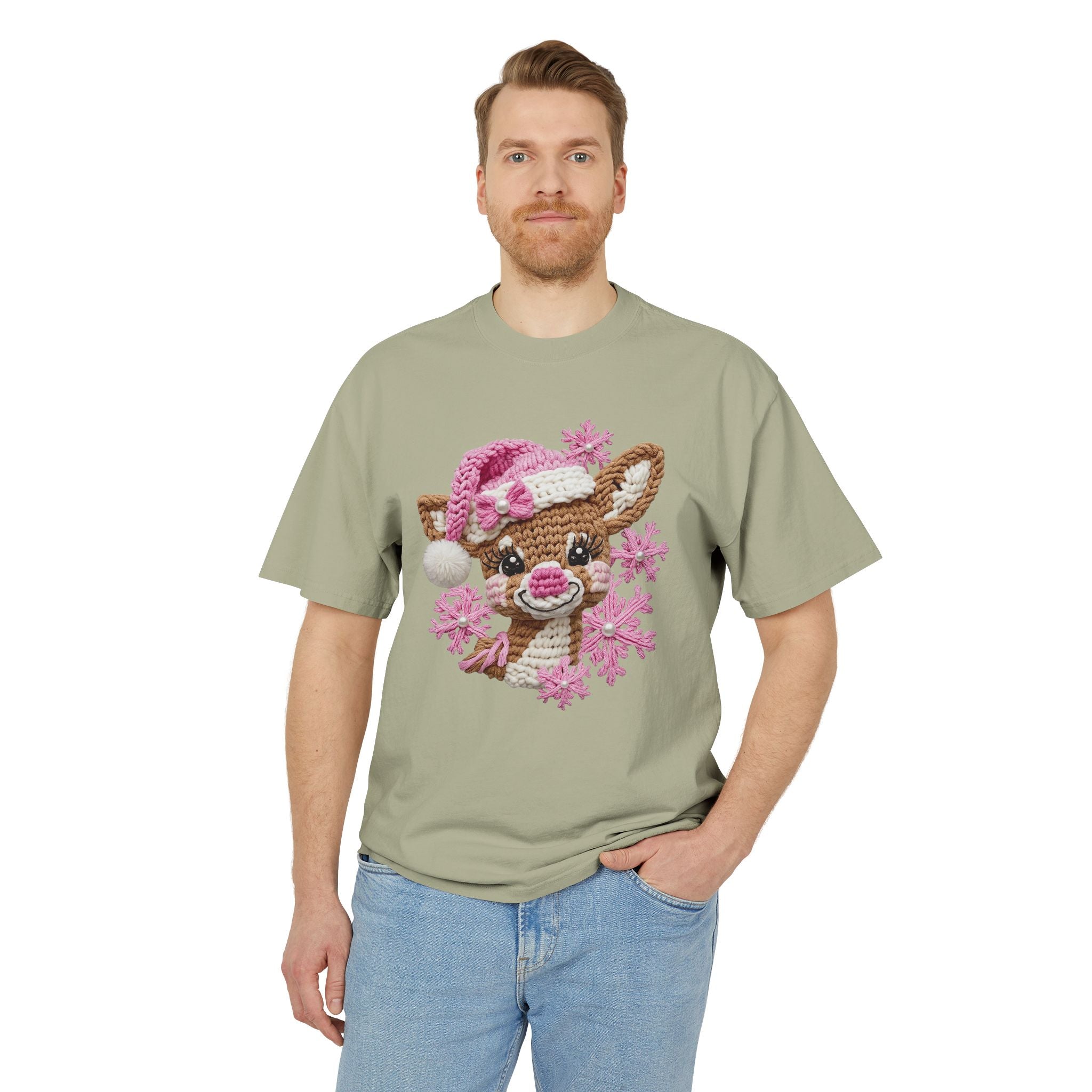 Cute Reindeer Tee — Pink Santa Hat & Snowflakes Holiday T-Shirt  cartoon-style Christmas artwork