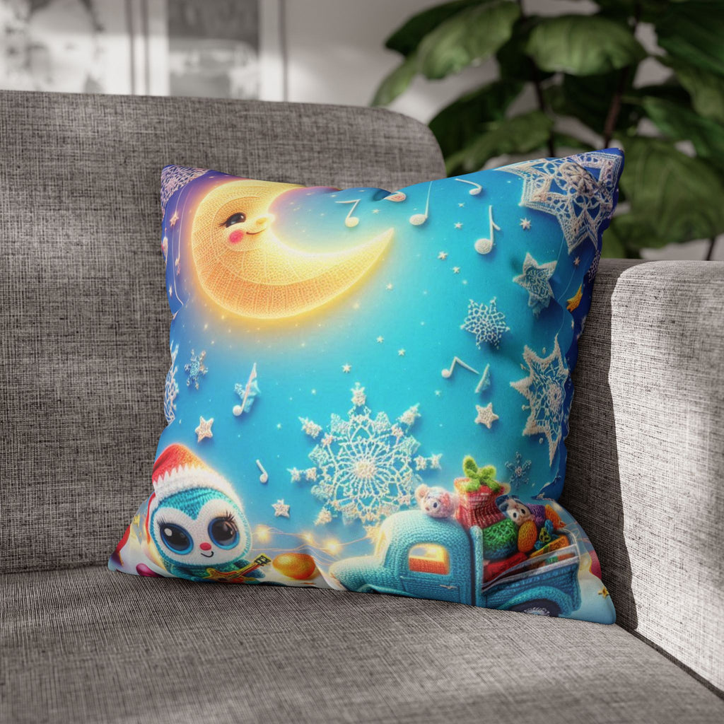 Whimsical Moon & Penguin Holiday Pillowcase  Faux Suede Square Throw Pillow