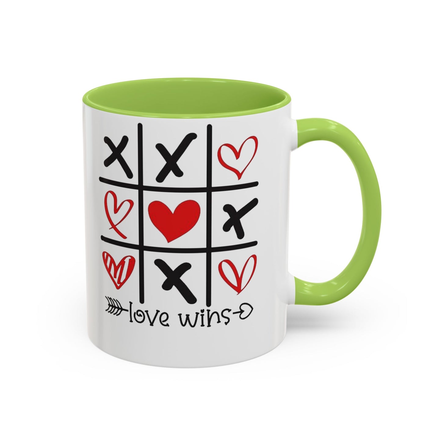 Love Wins Tic-Tac-Toe Heart Accent Coffee Mug — Romantic Valentine 11/15oz