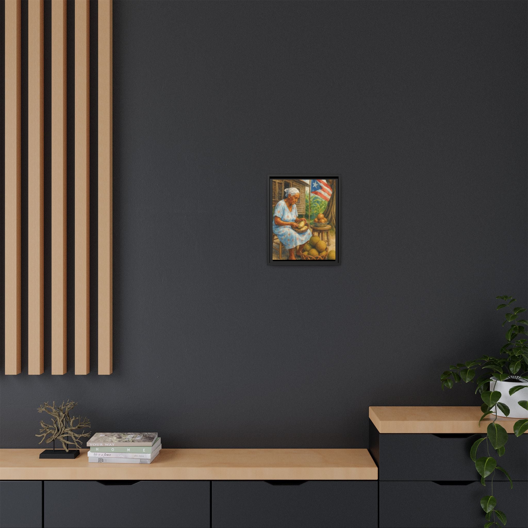 Cultural & Story-Driven These Puerto Rico inspired  Framed Matte Canvas Print  Woman Shelling Fruit Vintage Tropical Painting