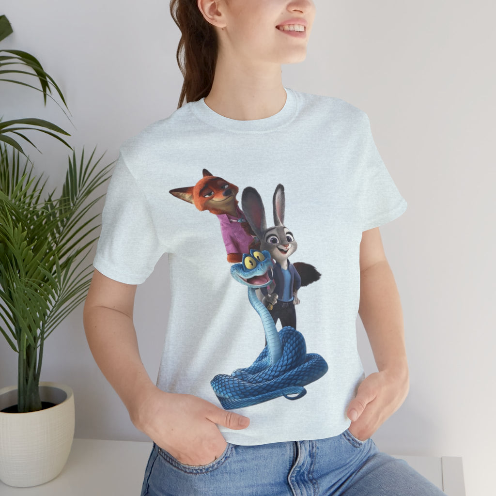 Animated Character Tee — Cute Fox & Bunny Stack Graphic T-Shirt  cartoon-style Christmas artwork