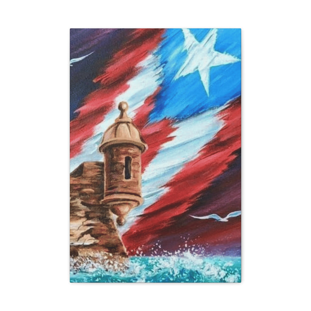Patriotic Castillo Canvas Wall Art – Puerto Rico Flag Coastal Fortress Print