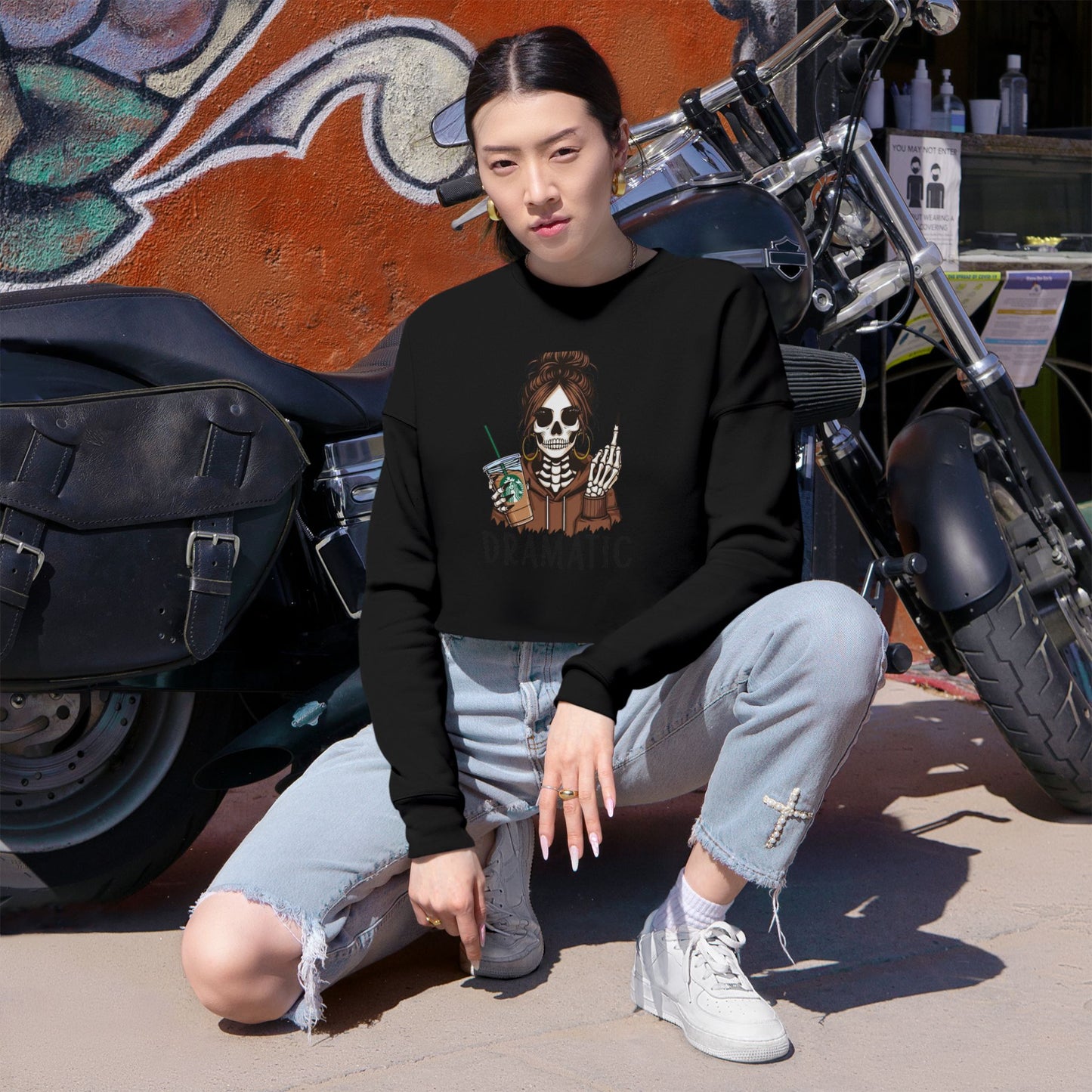 Dramatic Skeleton Cropped Sweatshirt - Trendy Apparel for Artists, Halloween Fashion, Casual Wear, Gifts for Creatives, Fall Style