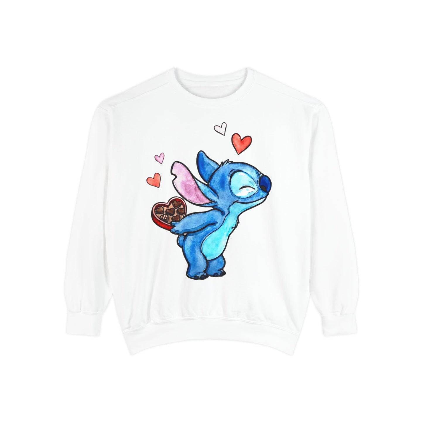 Stitch Valentine Sweatshirt — Cute Blue Alien with Hearts & Chocolate Pocket