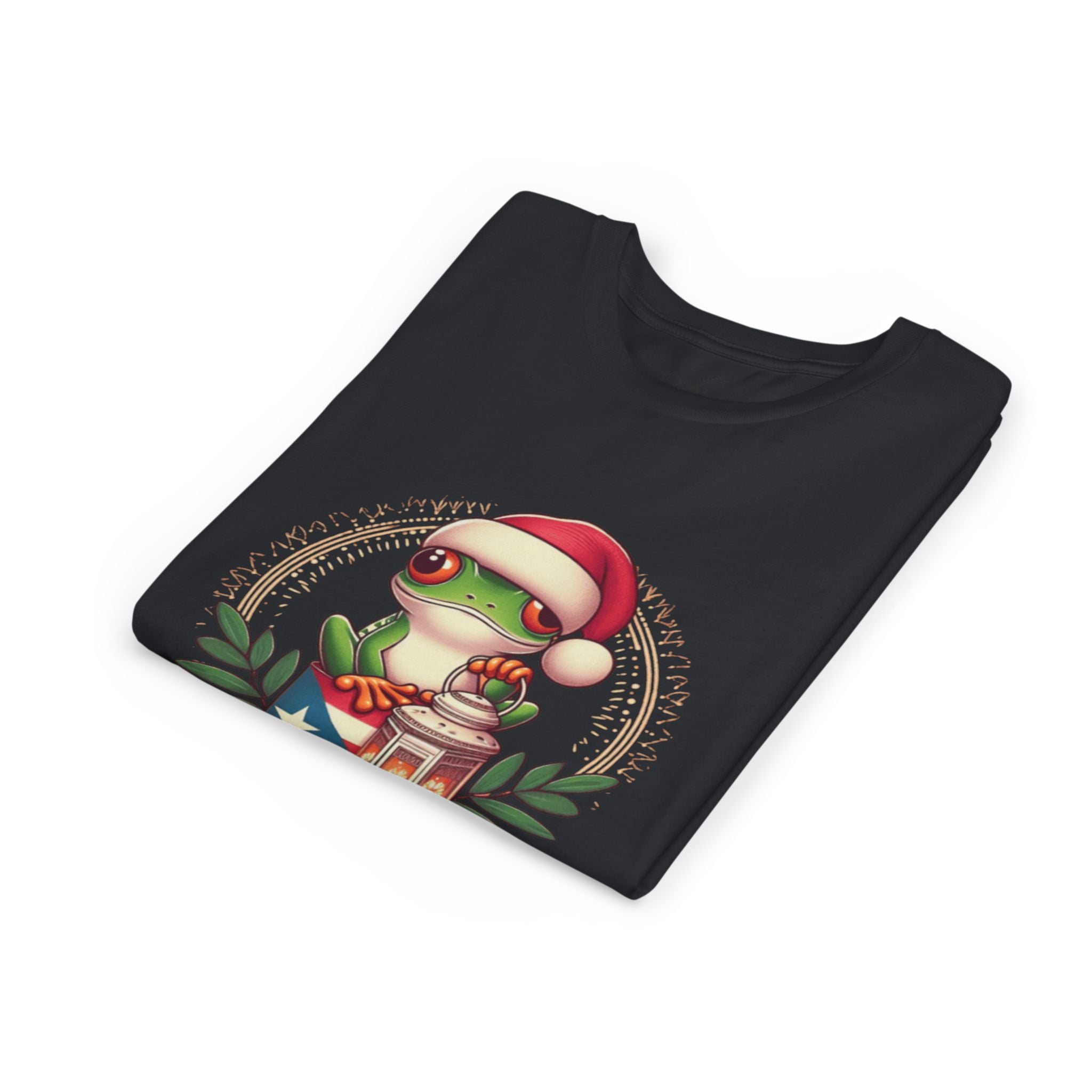 Kids Tee Cute Frog with Puerto Rican Flag & Lantern (Feliz Navidad)
