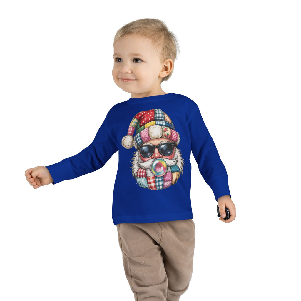 Toddler Long Sleeve Tee  Cool Santa with Patchwork Hat & Bubblegum Graphic