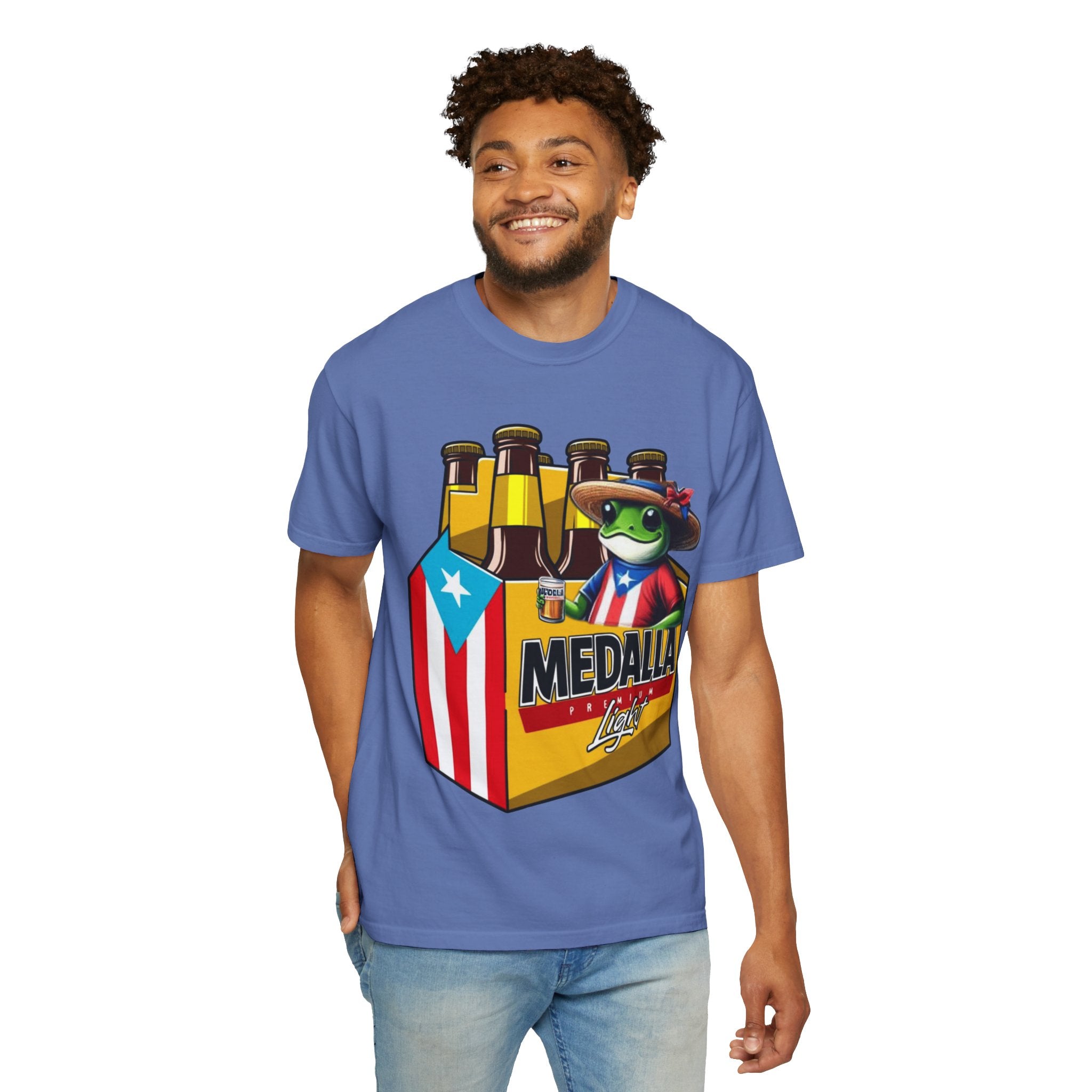 Medalla Light Puerto Rican Beer T-Shirt Coqui Frog Mascot Six-Pack Graphic Tee Puerto Rico’s Navidades