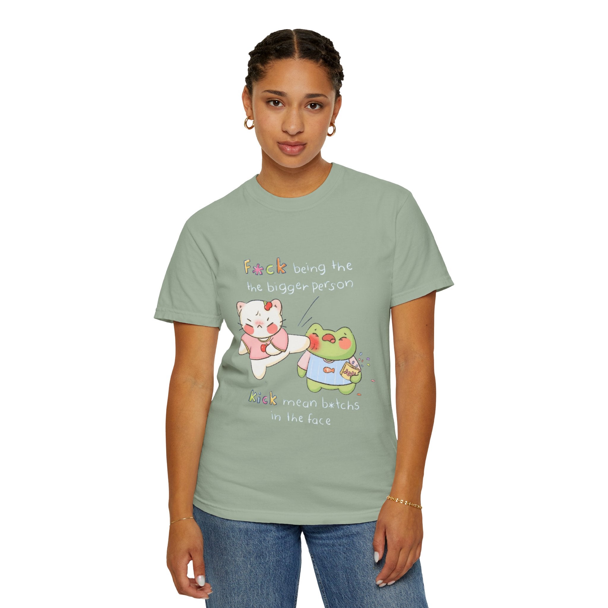 Graphic T-Shirt  Cute Kicking Cat & Frog with 'F*ck Being The Bigger Person' Slogan