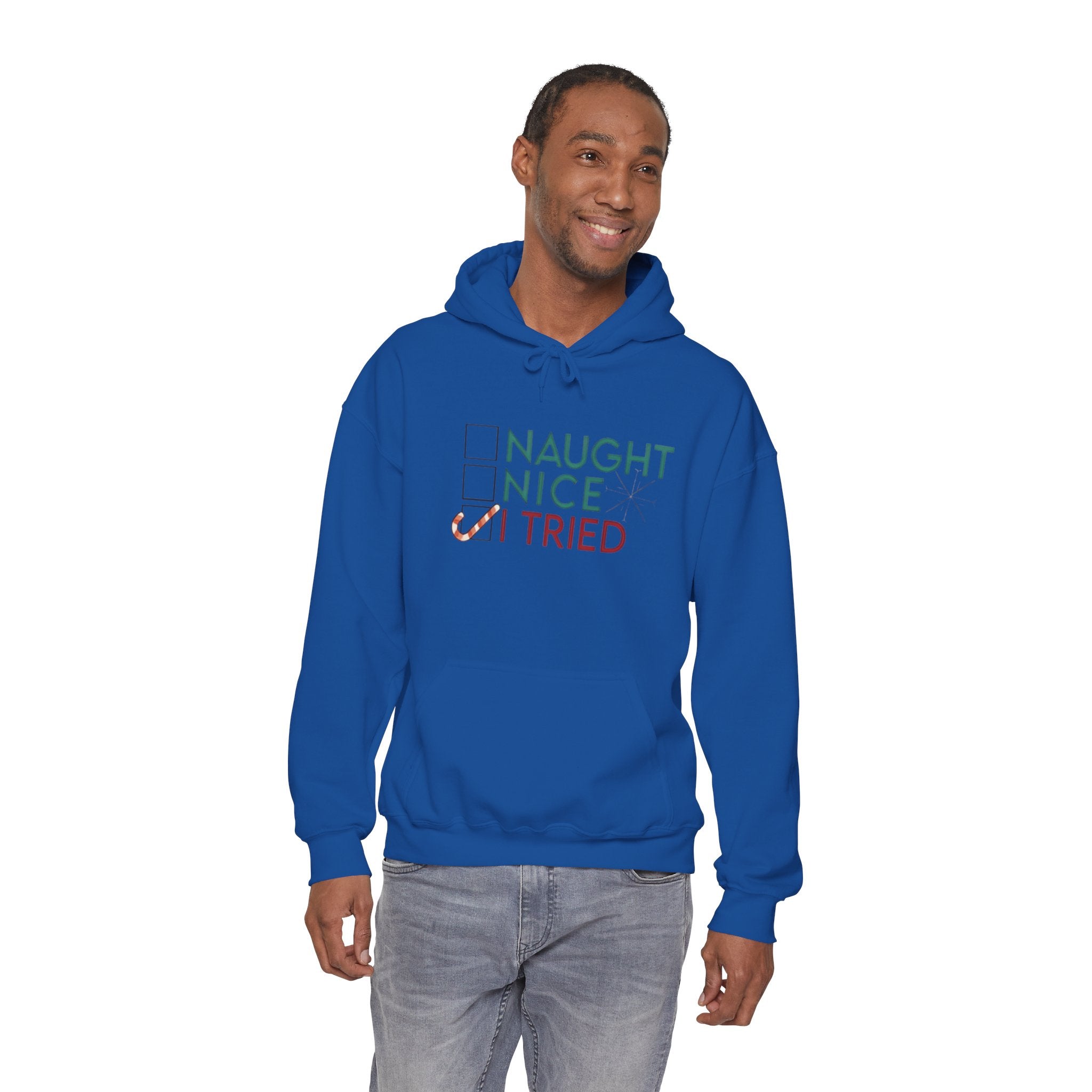 Holiday Hoodie — "Naughty, Nice, I Tried" Funny Christmas Sweatshirt