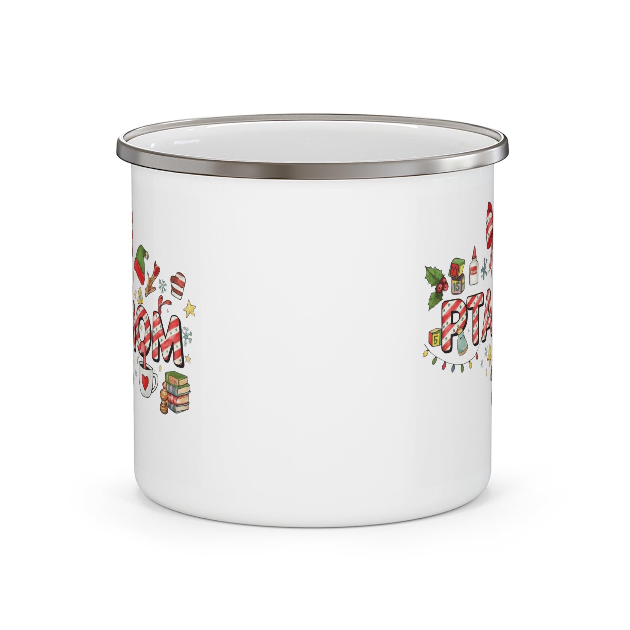 Enamel Mug "PTA Mom" Holiday Camping Coffee Cup Christmas Candy Cane Design School Staff Christmas Mug Collection