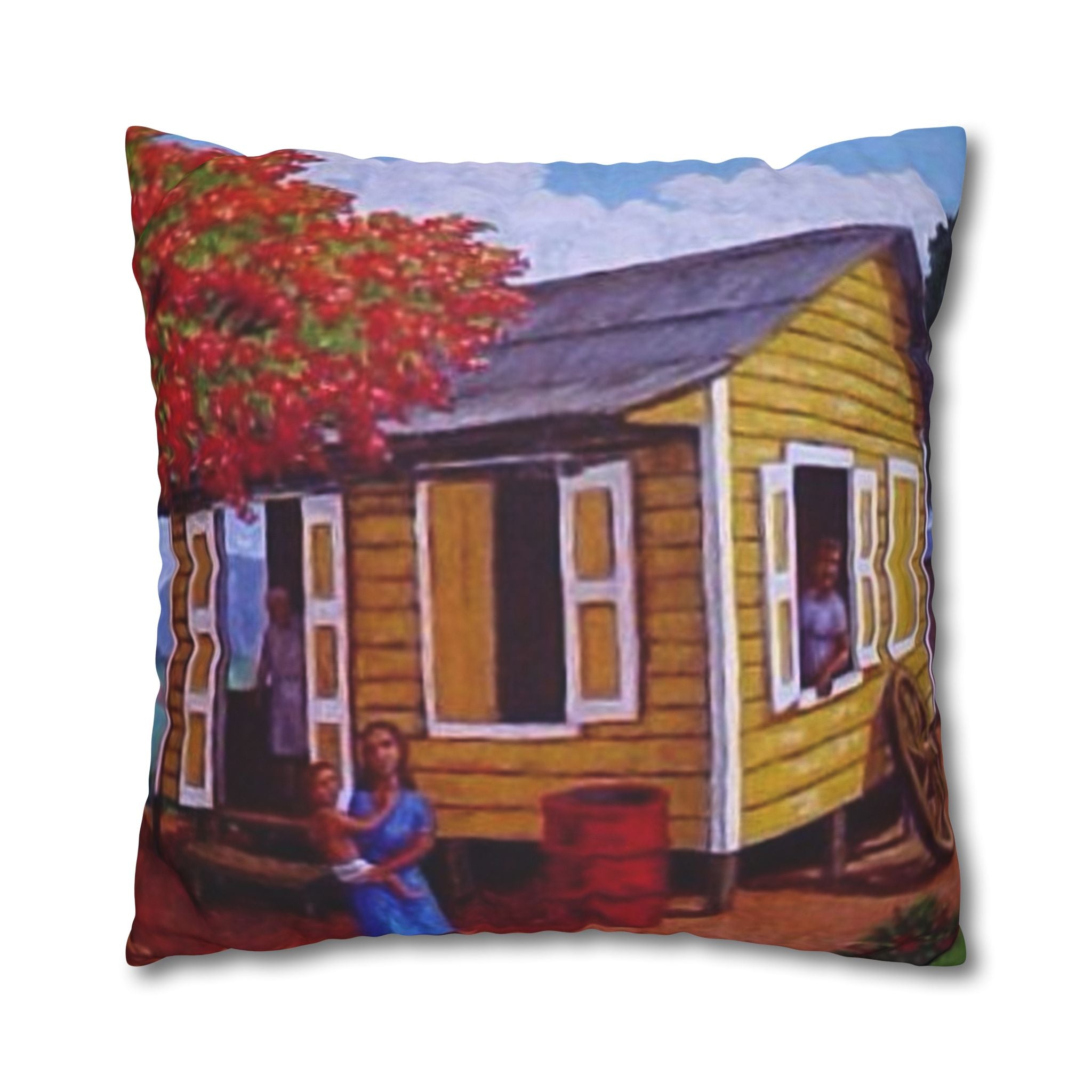 Puerto Rico Culture Pillow Cozy Cottage Canvas Pillow  Yellow House Decorative Throw Pillowcase