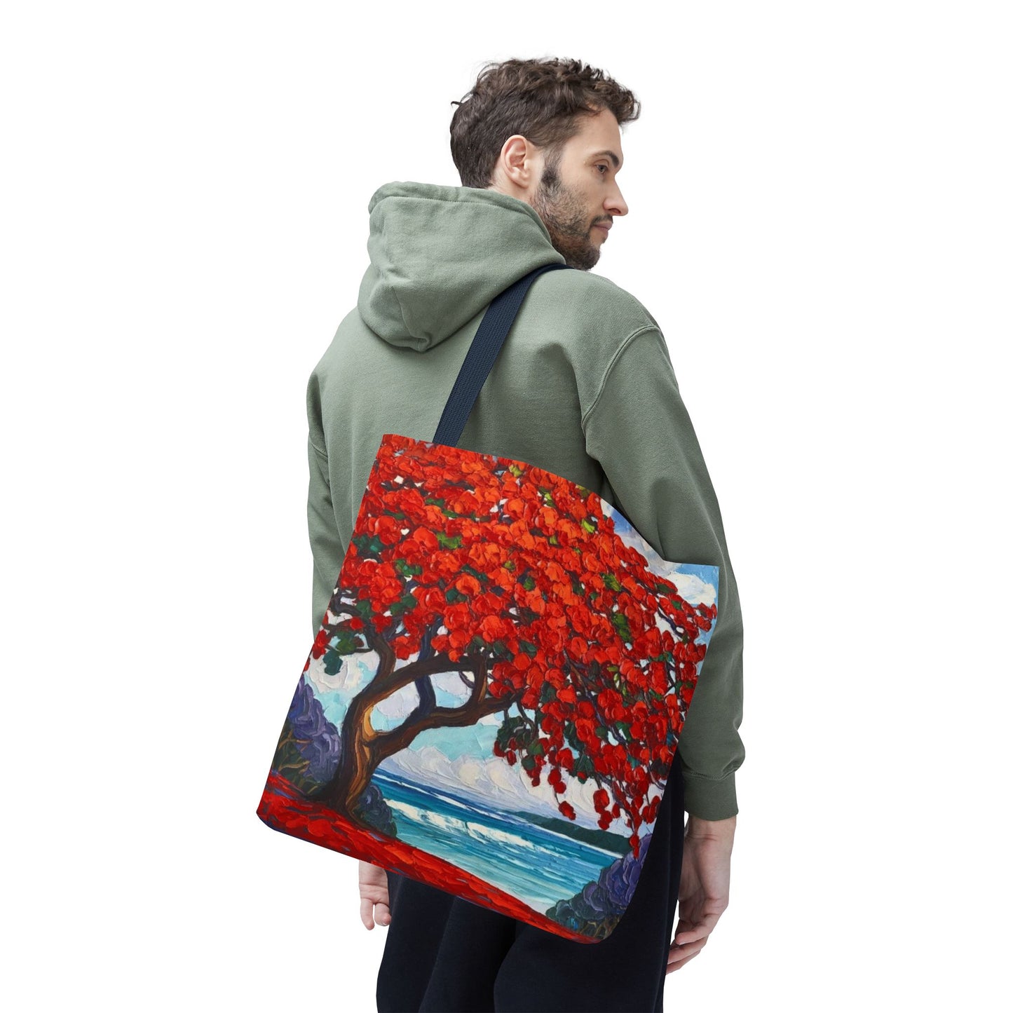 Red Blossom Beach Tote - Tropical Tree Art All-Over Print Tote Bag Crochet-Decorated Tote Bags