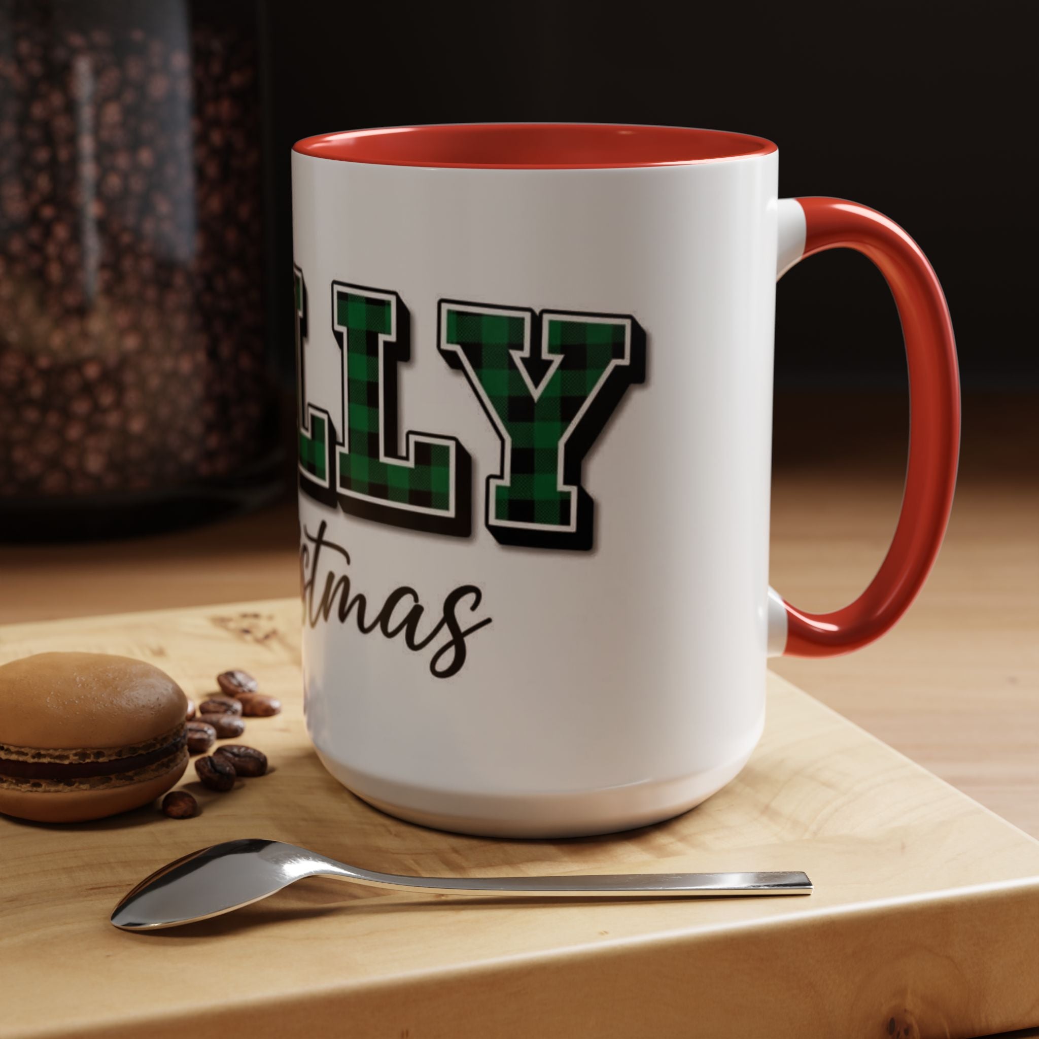 Holly Christmas Accent Coffee Mug — Green Plaid Holiday Gift (11/15oz)