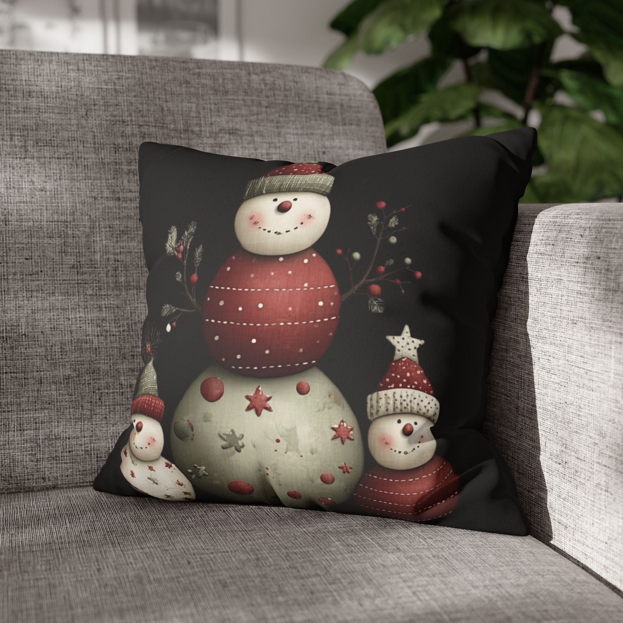 Christmas Snowman Faux Suede Pillowcase – Cute Stacked Snowmen Holiday Decor CHRISTMAS PILLOW DÉCOR