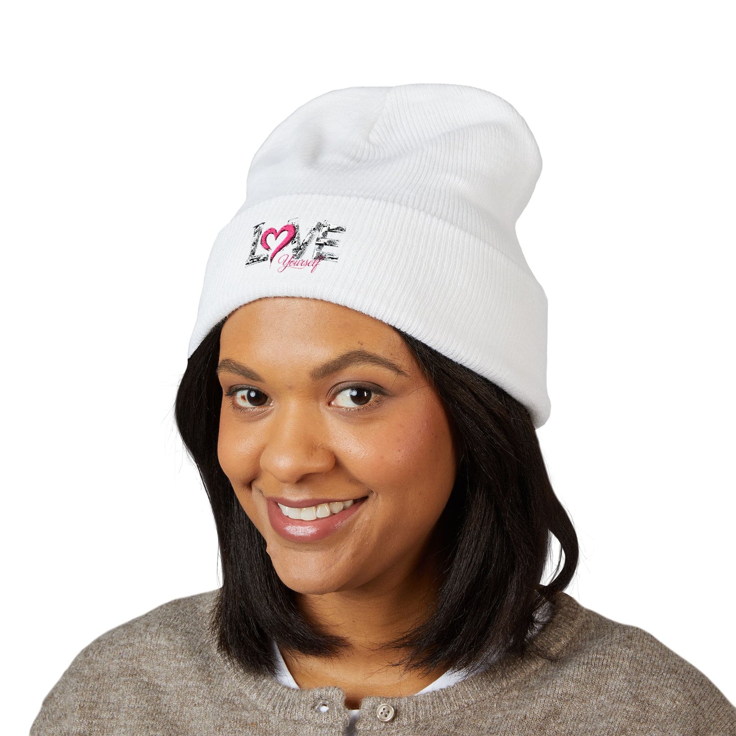 Embroidered 'Love' Heart Cuffed Beanie — Cozy Pink Accent Winter Hat