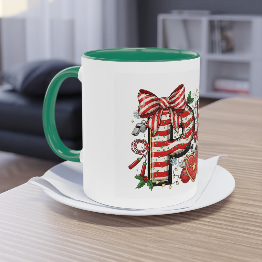 Holiday Sports Mom Coffee Mug Festive 'PE' Candy-Stripe Design, 11oz Two-Tone School Staff Christmas Mug Collection,