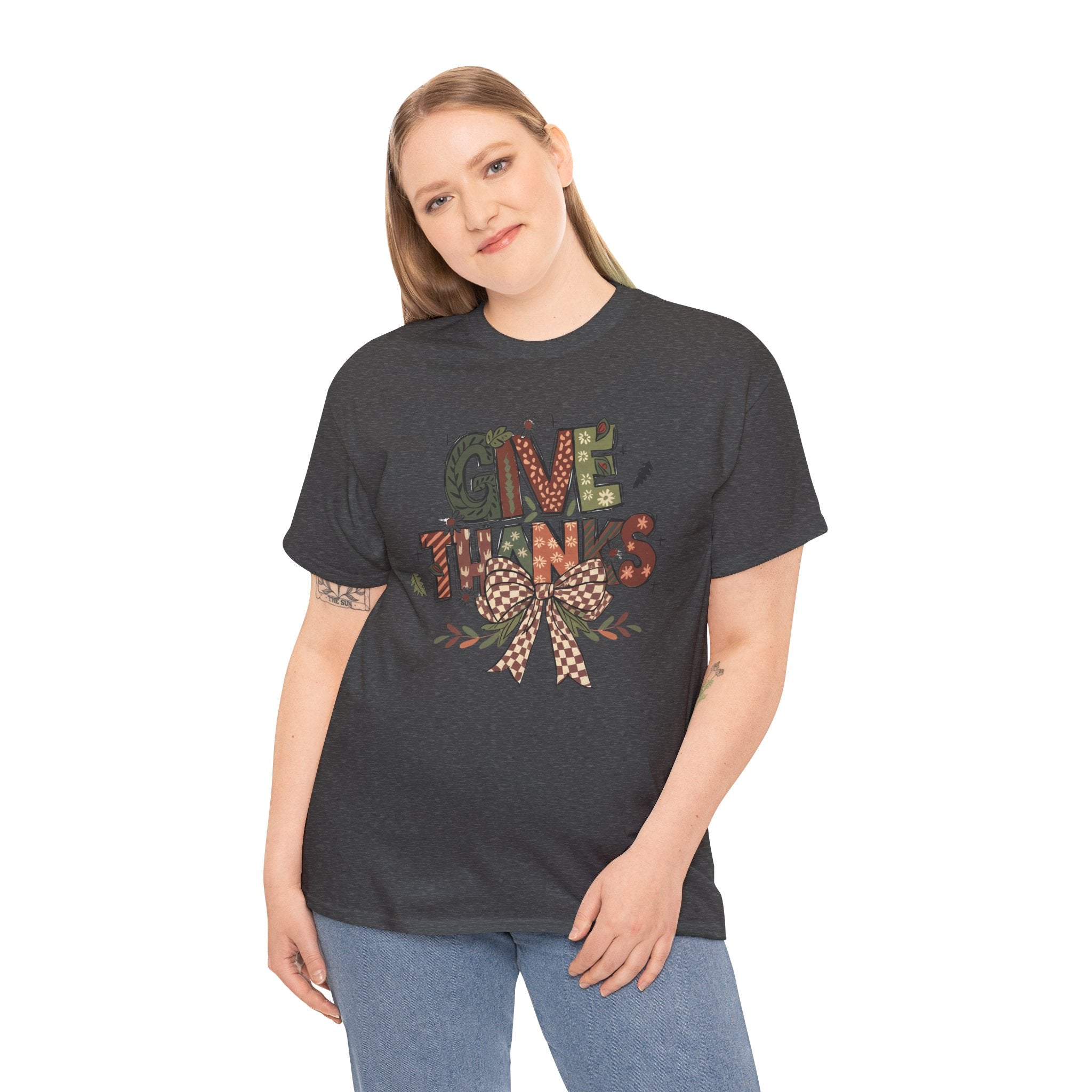 Give Thanks Tee Thanksgiving Graphic T-Shirt with Rustic Bow Design