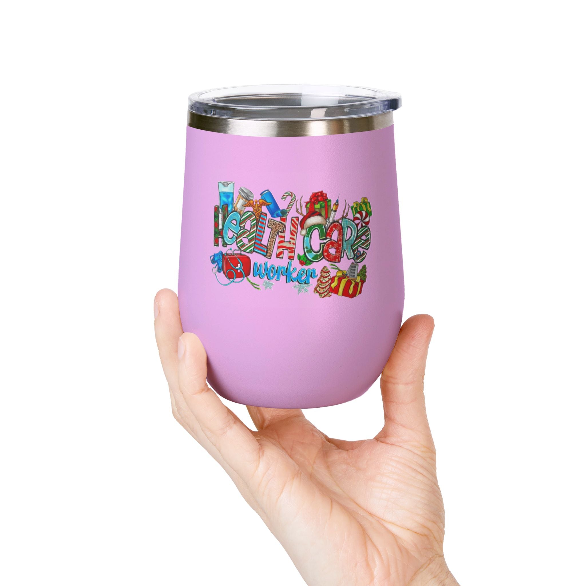 Healthcare Worker 12oz Wine Tumbler — Colorful Holiday Medical Staff Gift Medical Christmas Mug