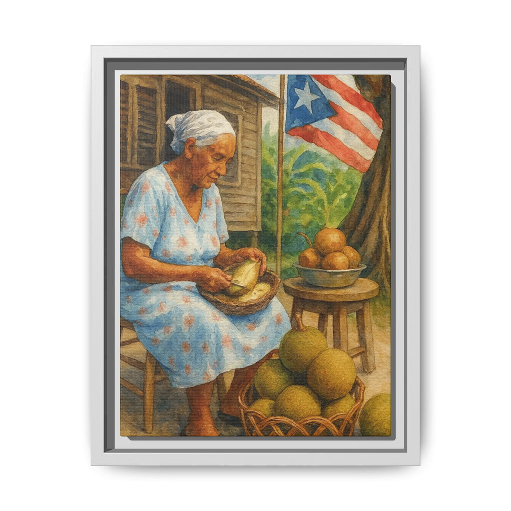 Cultural & Story-Driven These Puerto Rico inspired  Framed Matte Canvas Print  Woman Shelling Fruit Vintage Tropical Painting