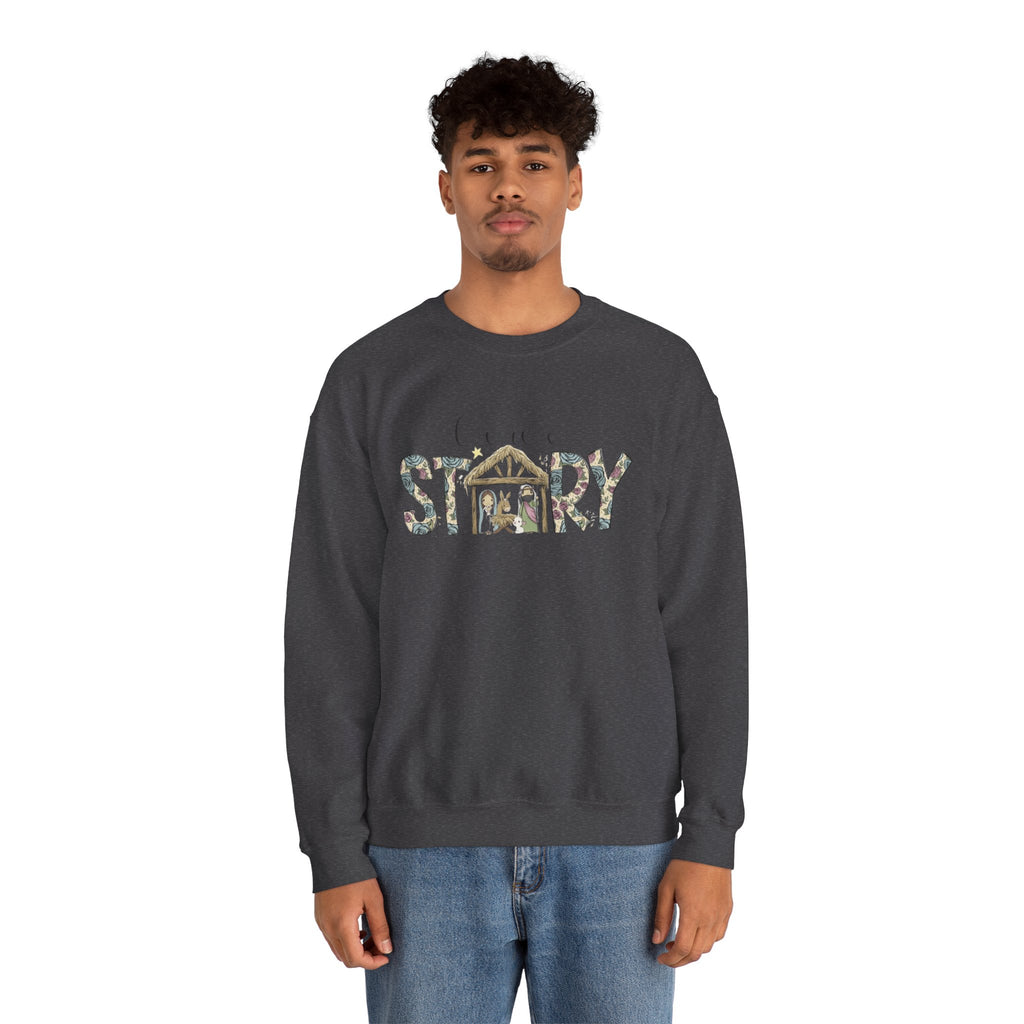Crewneck Sweatshirt "Come Story" Floral Nativity Design  Cozy Christmas Pullover unique festive designs and joyful