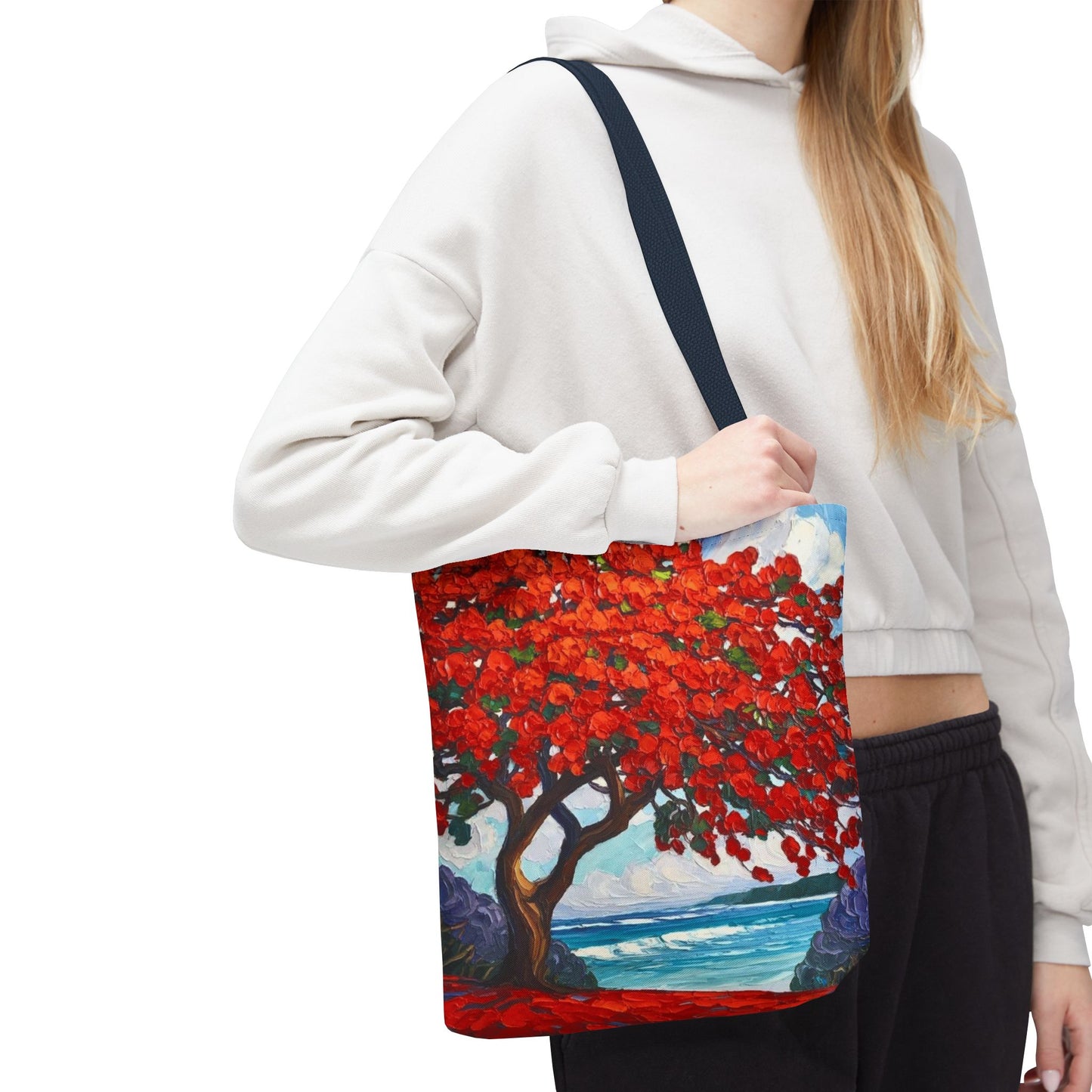 Red Blossom Beach Tote - Tropical Tree Art All-Over Print Tote Bag Crochet-Decorated Tote Bags