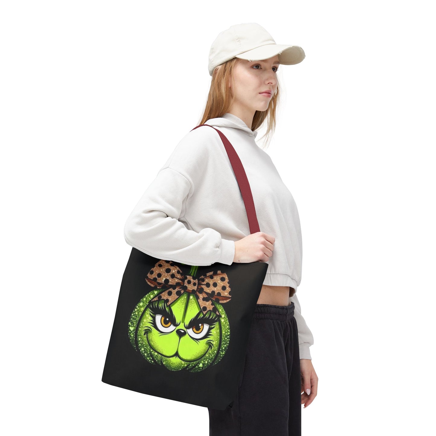 Grinch-Inspired Tote Bag with Polka Dot Bow Christmas Tote Bag Festive Holiday Design