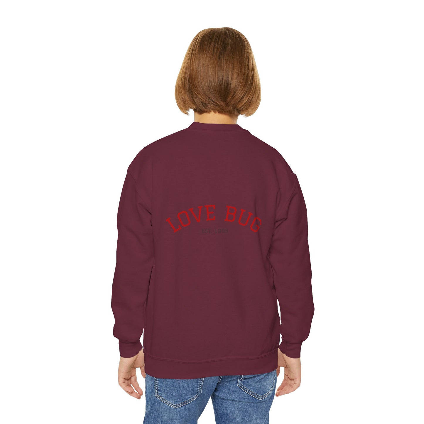 Youth Sweatshirt  Cute Girl with Heart Shower "Love Bug" Crewneck