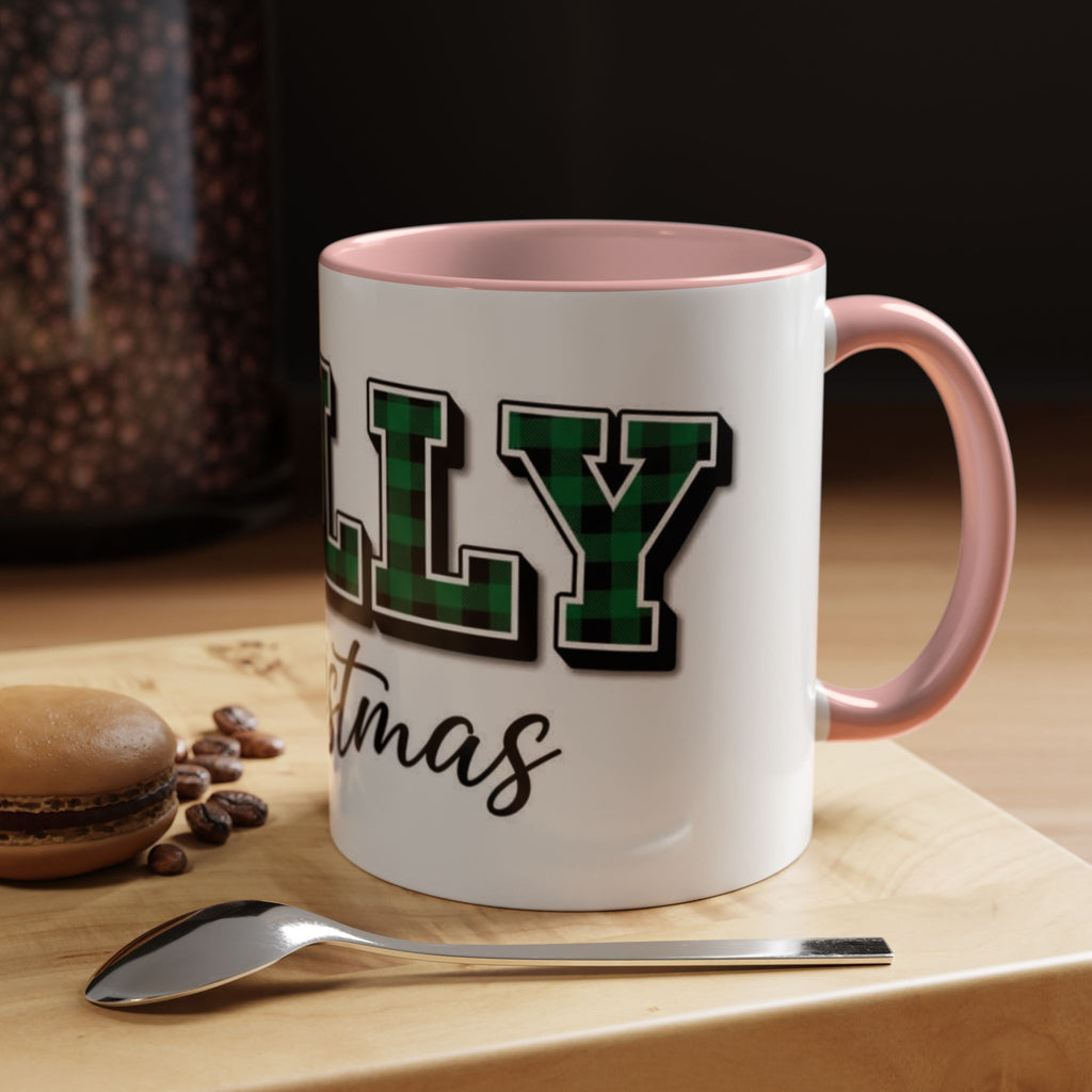 Holly Christmas Accent Coffee Mug — Green Plaid Holiday Gift (11/15oz)