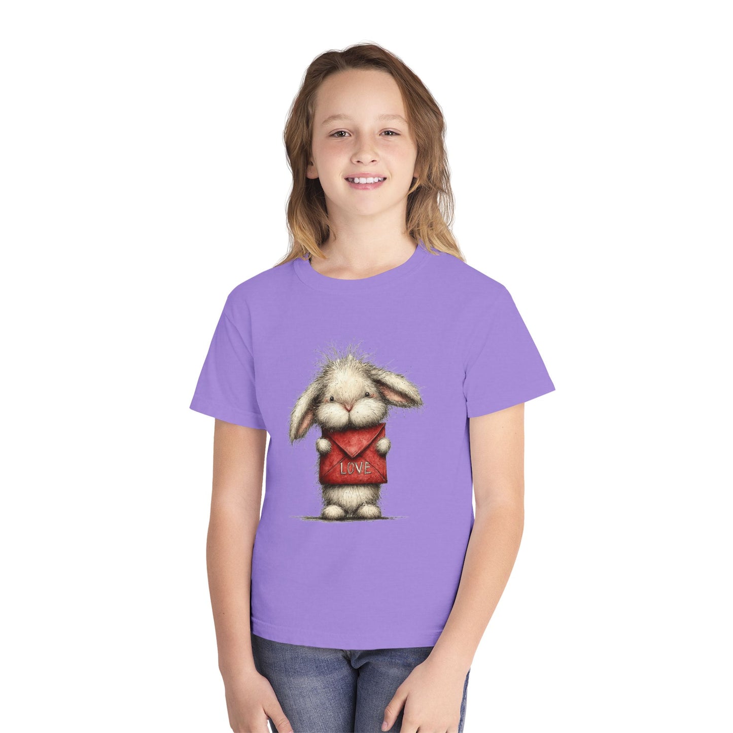 Kids Tee  Cute Bunny Holding "Love" Heart Graphic (Youth Midweight)