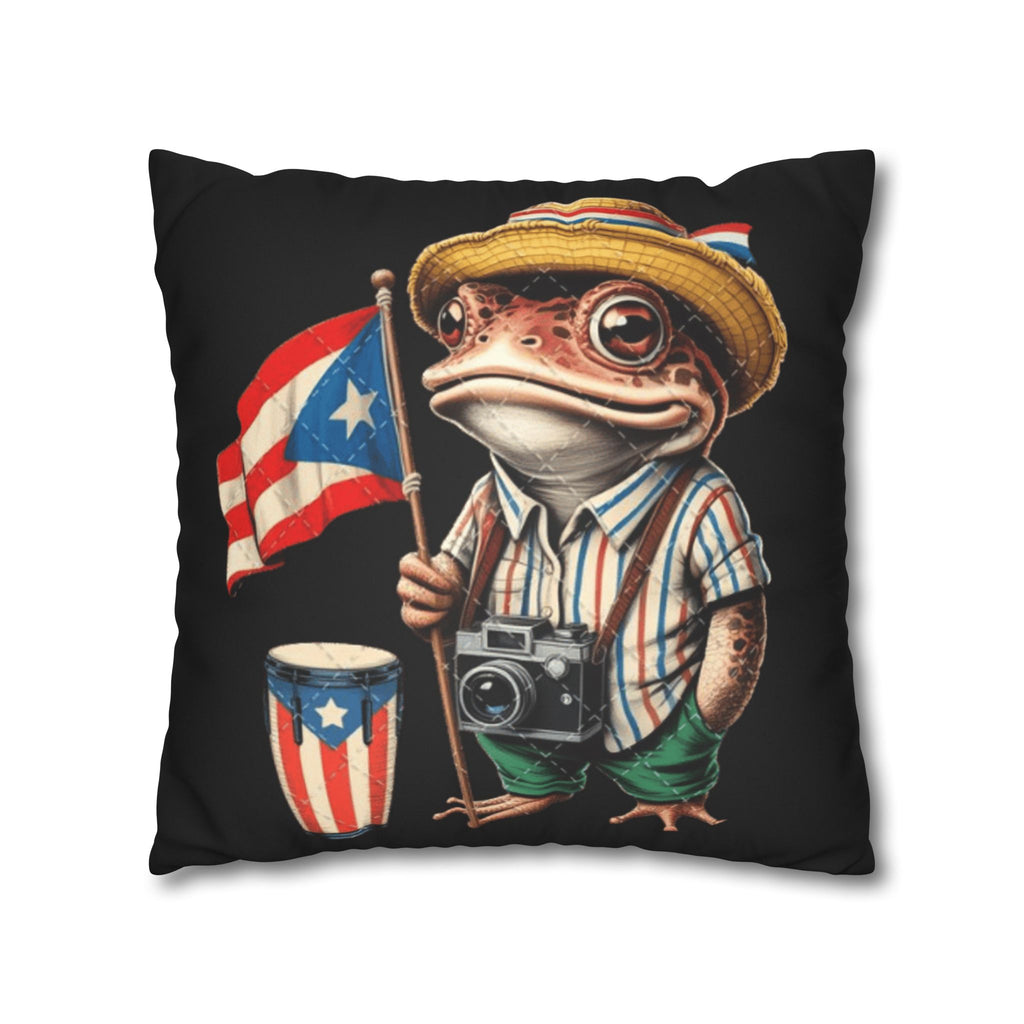 Puerto Rican Flag Frog Faux Suede Pillowcase  Tourist Toad Camera Design Puerto Rico Culture Pillow