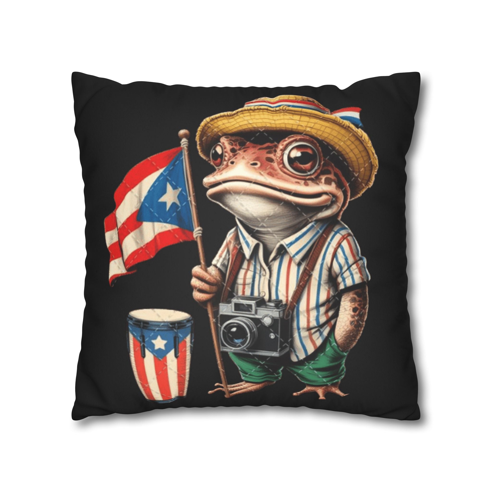 Puerto Rican Flag Frog Faux Suede Pillowcase  Tourist Toad Camera Design Puerto Rico Culture Pillow