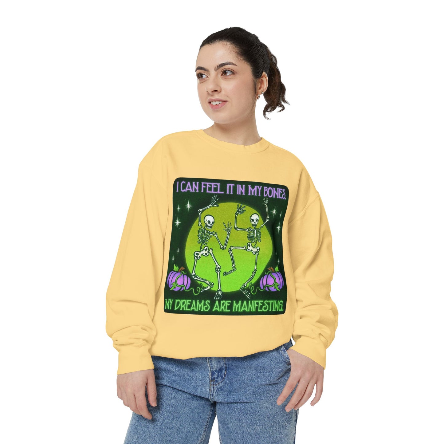 Spooky Manifesting Sweatshirt, Unisex Skeleton Pullover, Halloween Apparel, Cozy Fall Fashion, Casual Trendy Top, Unique Gift