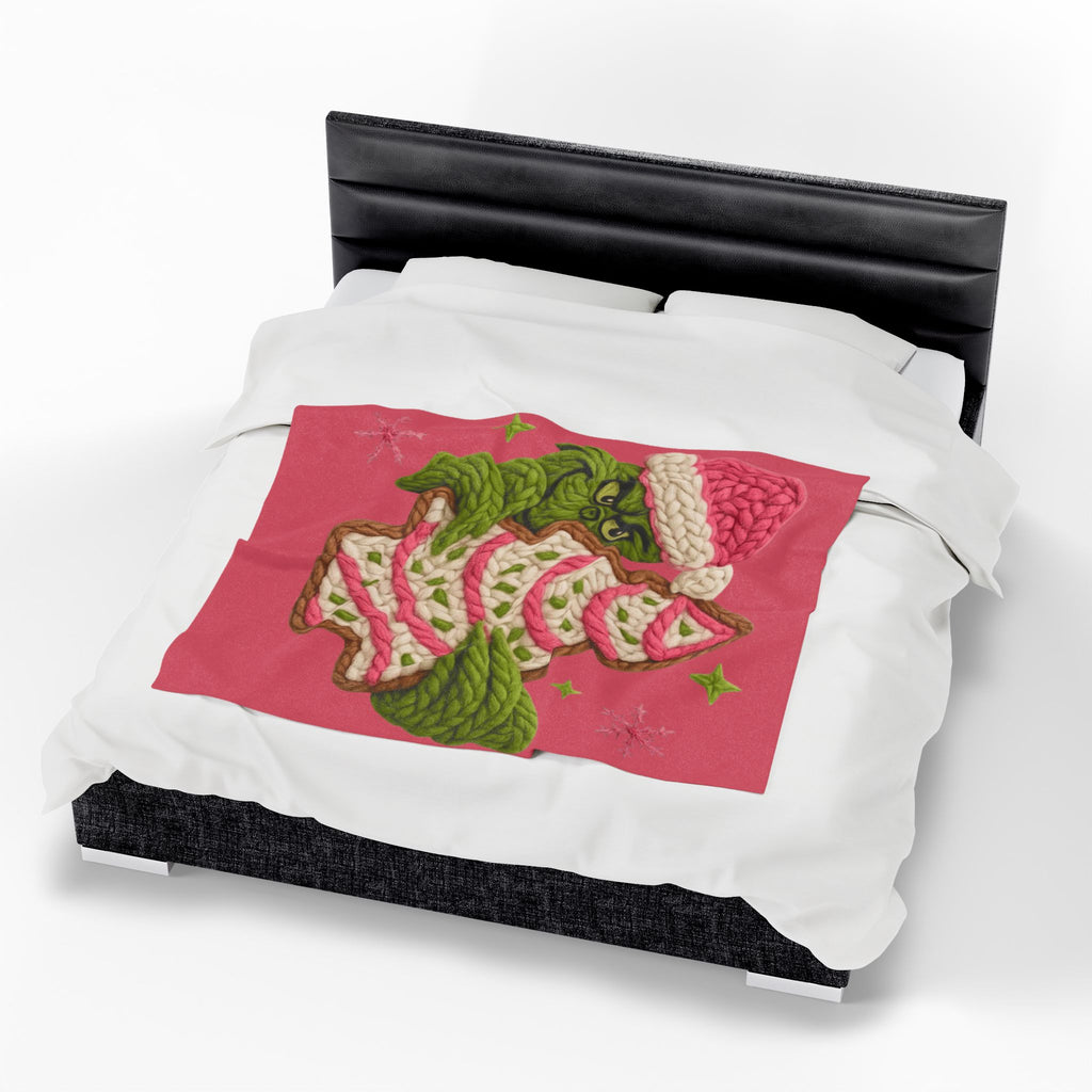 Grinch Holiday Plush Blanket – Cozy Velveteen Christmas Throw with Knitted Tree Design
