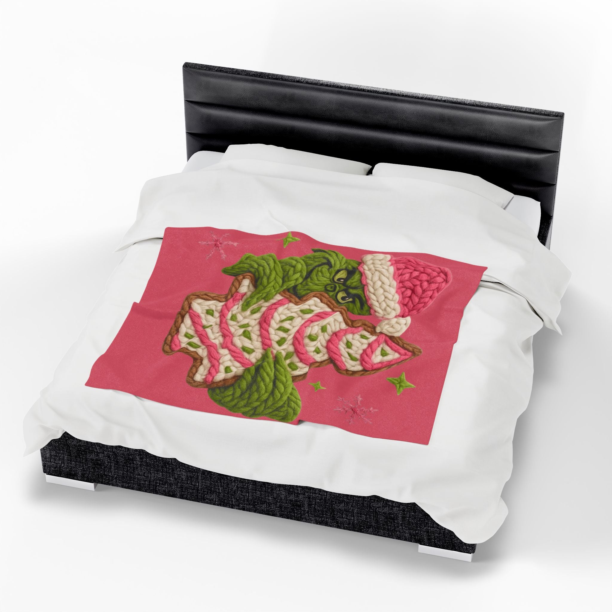 Grinch Holiday Plush Blanket – Cozy Velveteen Christmas Throw with Knitted Tree Design