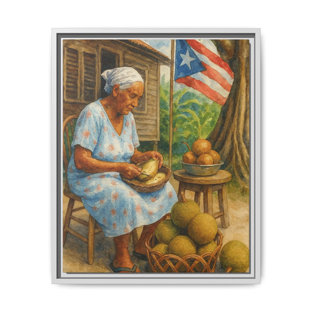 Cultural & Story-Driven These Puerto Rico inspired  Framed Matte Canvas Print  Woman Shelling Fruit Vintage Tropical Painting