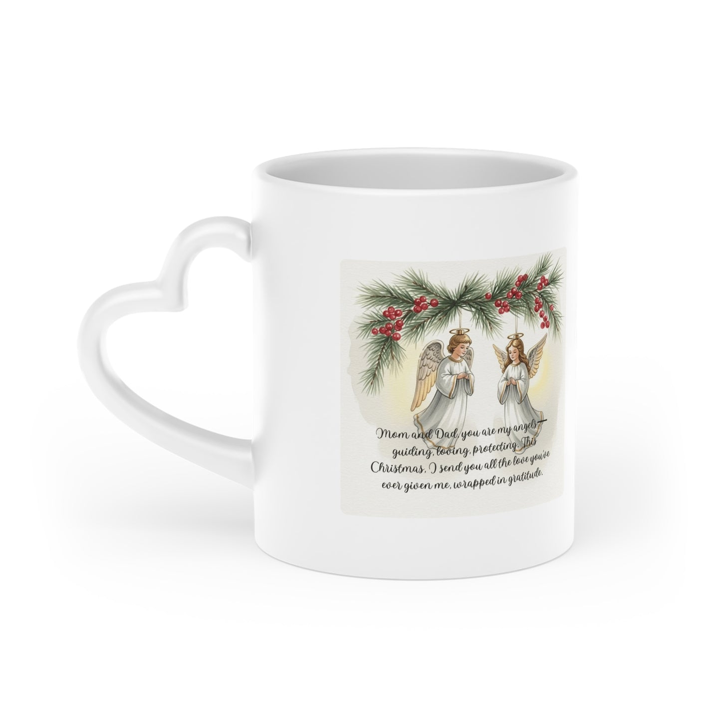 Heart-Shaped Christmas Mug with Angel Design Christmas Mugs | Holiday Coffee Cups with Festive Quotes & Designs
