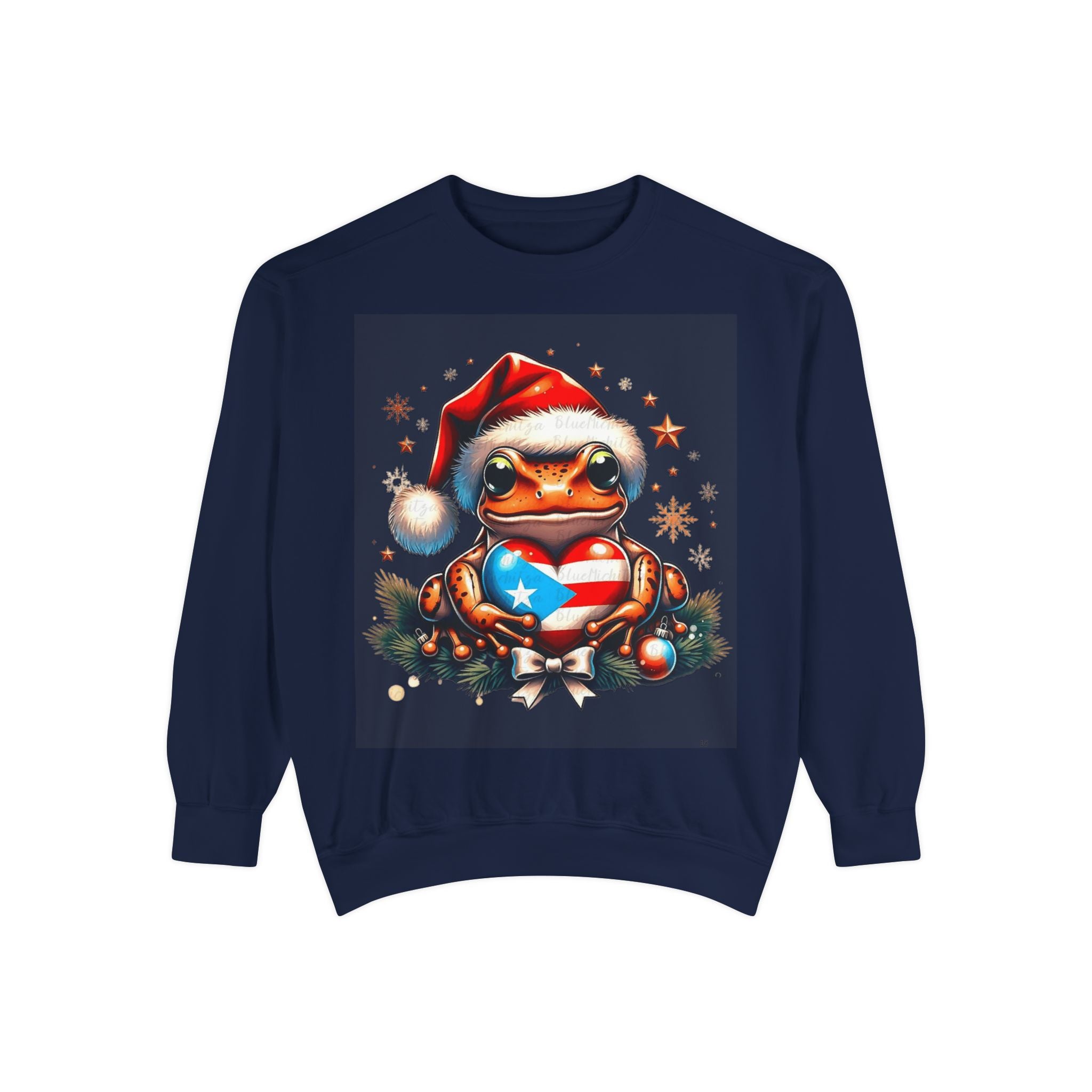 Christmas Coqui Sweatshirt — Cute Santa Frog Holding Ornament Holiday Sweater