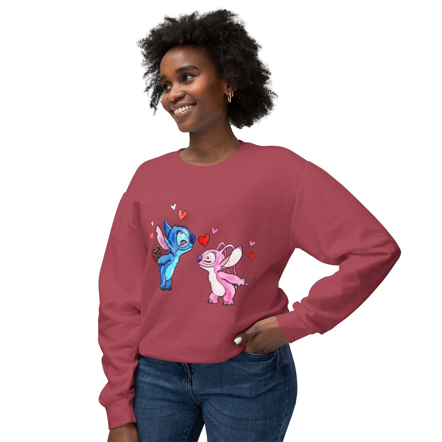 Cute Stitch Valentine Sweatshirt — Blue & Pink Love Characters with Hearts